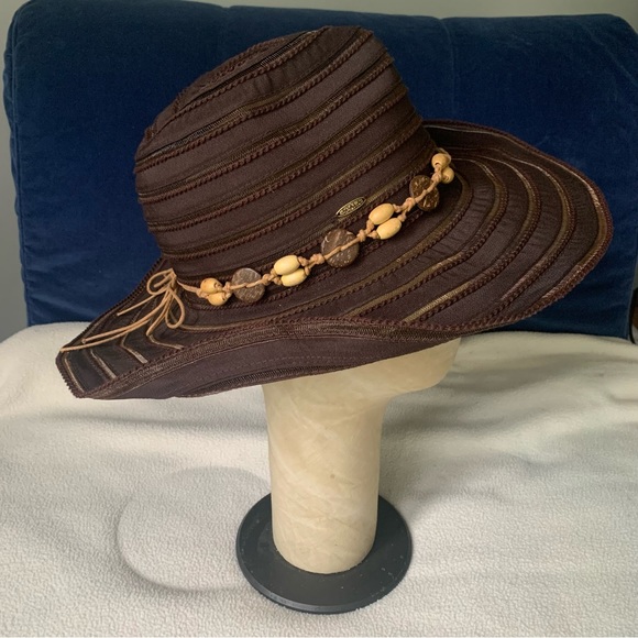 Women’s SCALA Brown Sun Beach Garden Cowboy / Regular Style Hat Shells Bow EXC - Picture 4 of 16